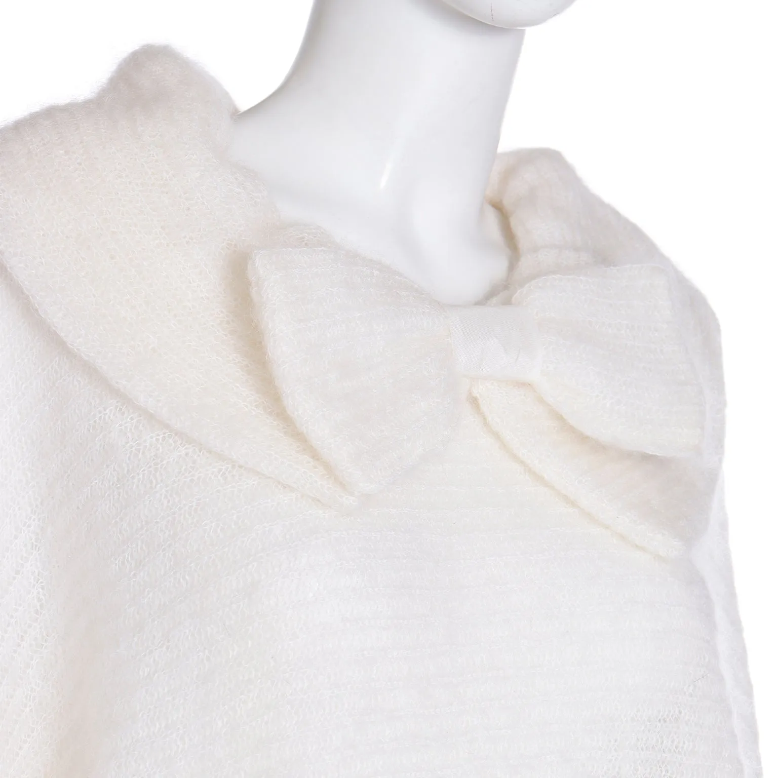 1980s Italian White Mohair Wool Blend Bow Sweater w Wide Collar