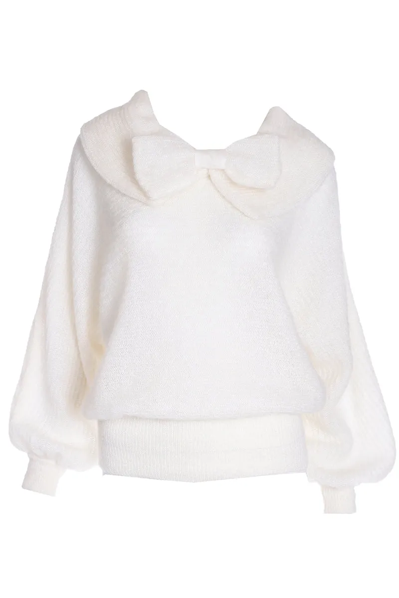 1980s Italian White Mohair Wool Blend Bow Sweater w Wide Collar