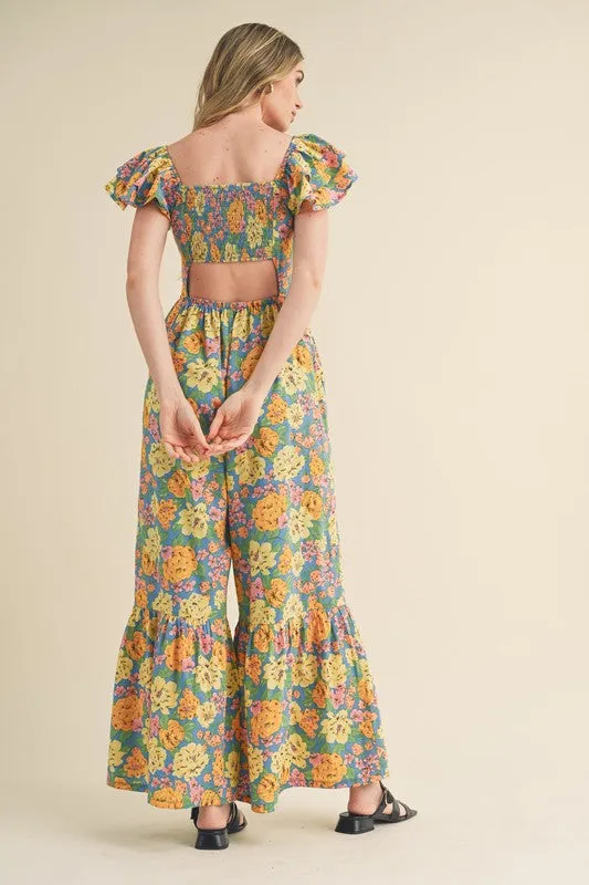 Blue Multi Floral Flared Ruffle Hem Floral Jumpsuit