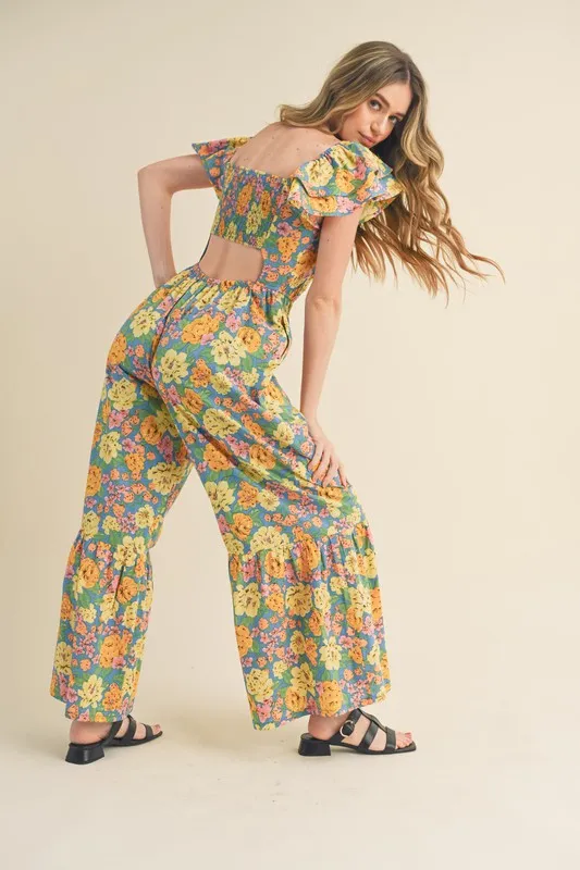 Blue Multi Floral Flared Ruffle Hem Floral Jumpsuit