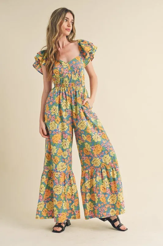 Blue Multi Floral Flared Ruffle Hem Floral Jumpsuit