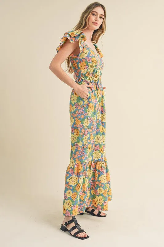 Blue Multi Floral Flared Ruffle Hem Floral Jumpsuit