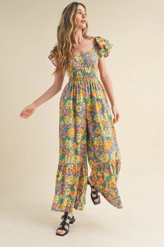 Blue Multi Floral Flared Ruffle Hem Floral Jumpsuit