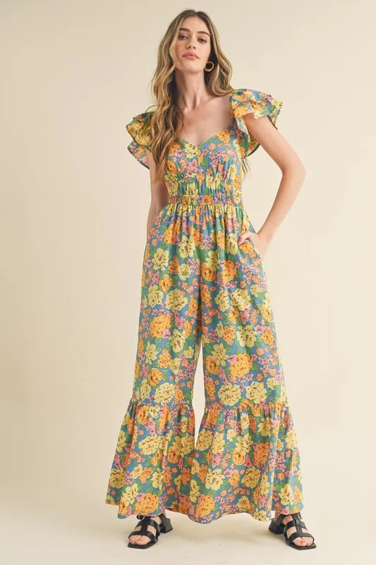 Blue Multi Floral Flared Ruffle Hem Floral Jumpsuit