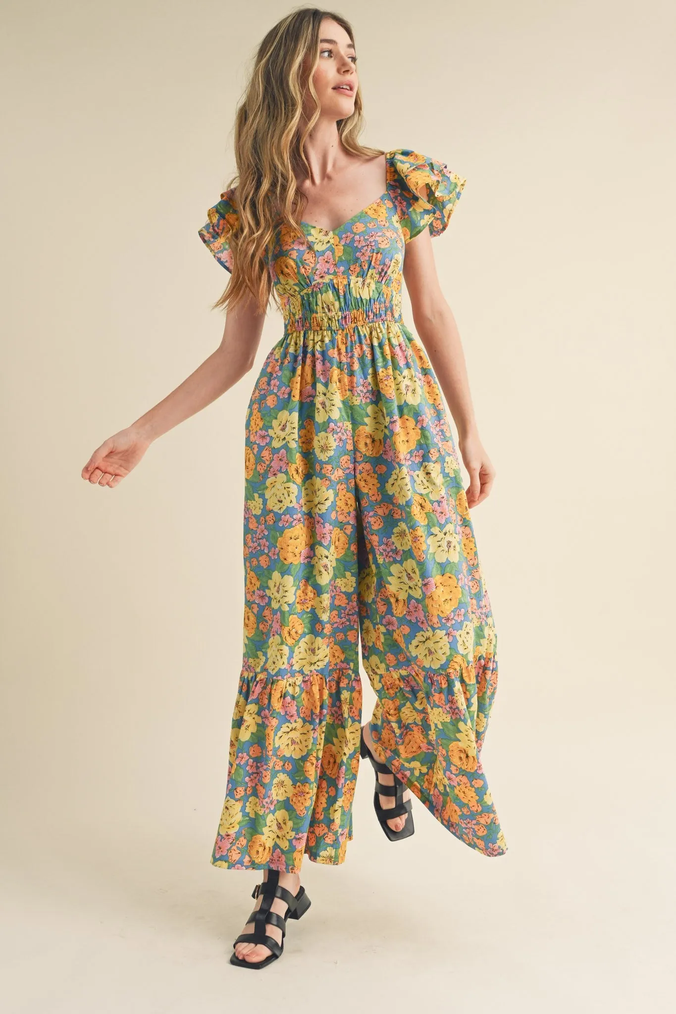 Blue Multi Floral Flared Ruffle Hem Floral Jumpsuit