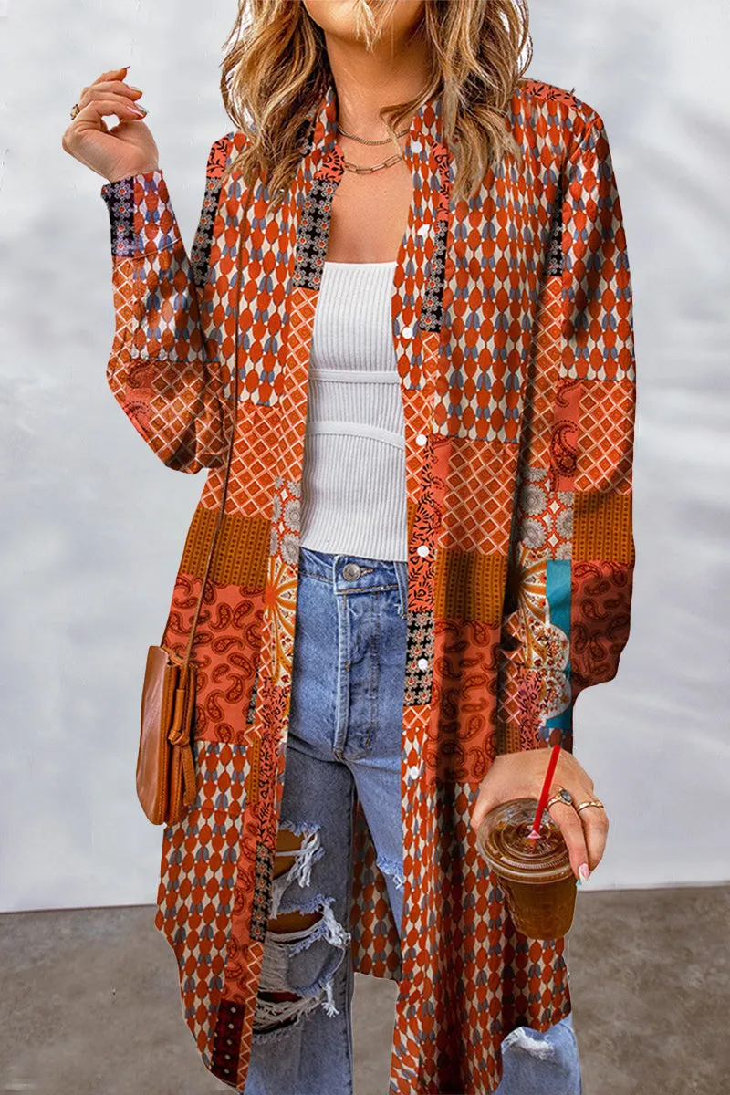 Bohemian College Geometric Printing Contrast Turndown Collar Tops