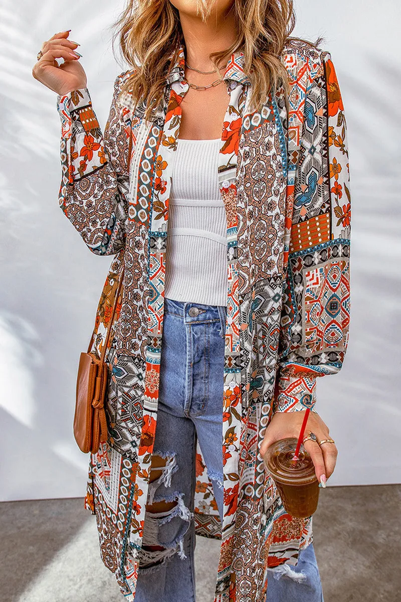 Bohemian College Geometric Printing Contrast Turndown Collar Tops