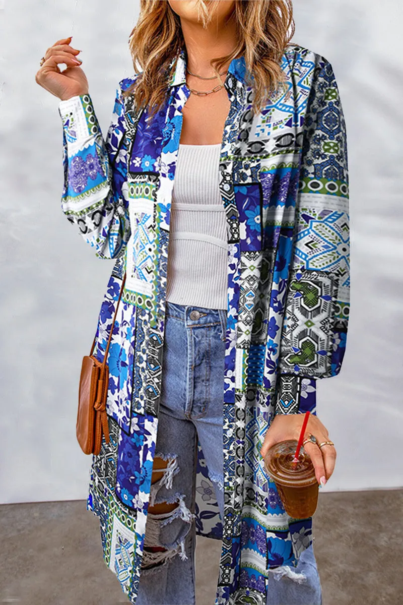 Bohemian College Geometric Printing Contrast Turndown Collar Tops