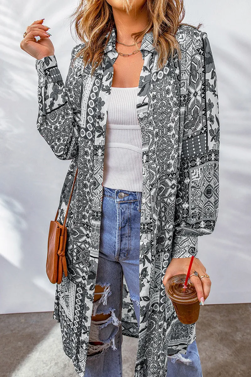 Bohemian College Geometric Printing Contrast Turndown Collar Tops