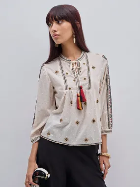 Bombay Paisley Off-White Embroidered Peasant Cotton Top