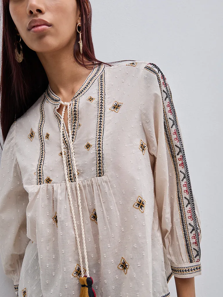 Bombay Paisley Off-White Embroidered Peasant Cotton Top