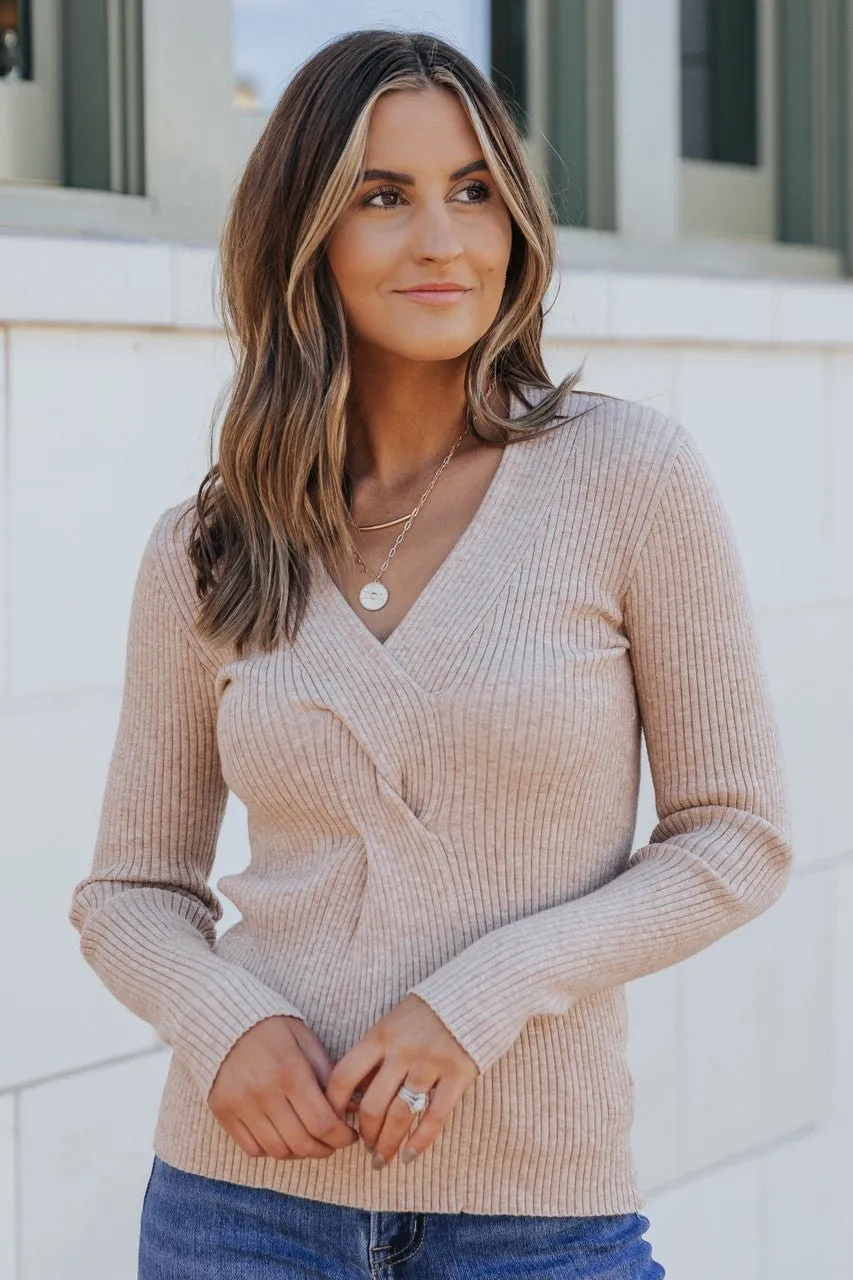 Braided Front Tan Ribbed Sweater