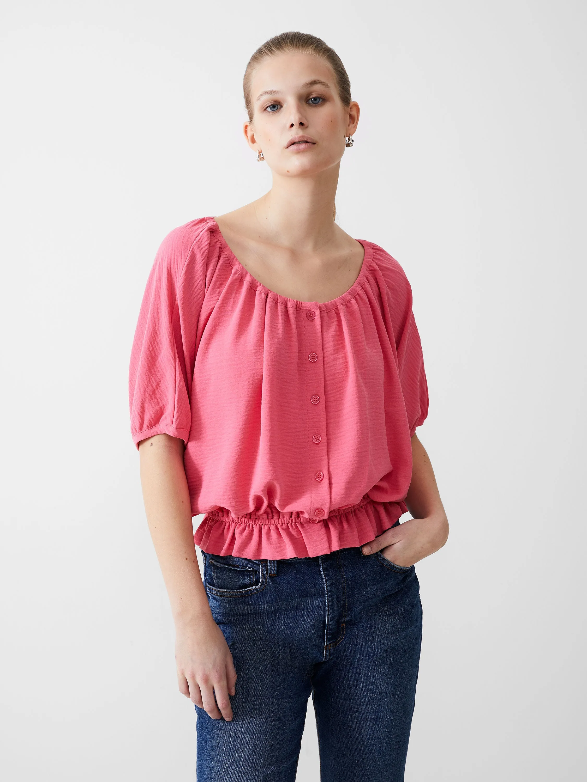 Button Crinkle Peasant Top