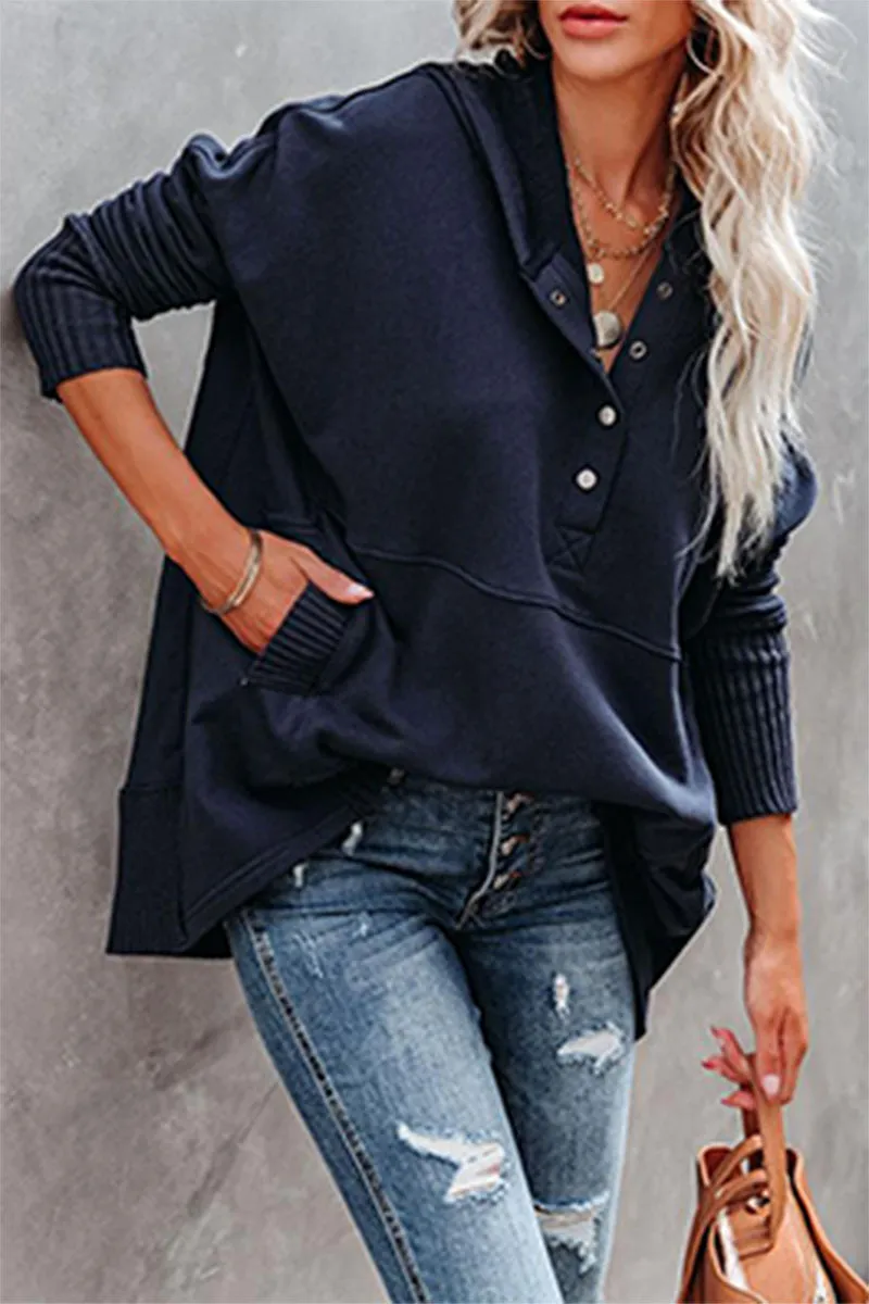 Casual Solid Pocket Buckle Hooded Collar Tops