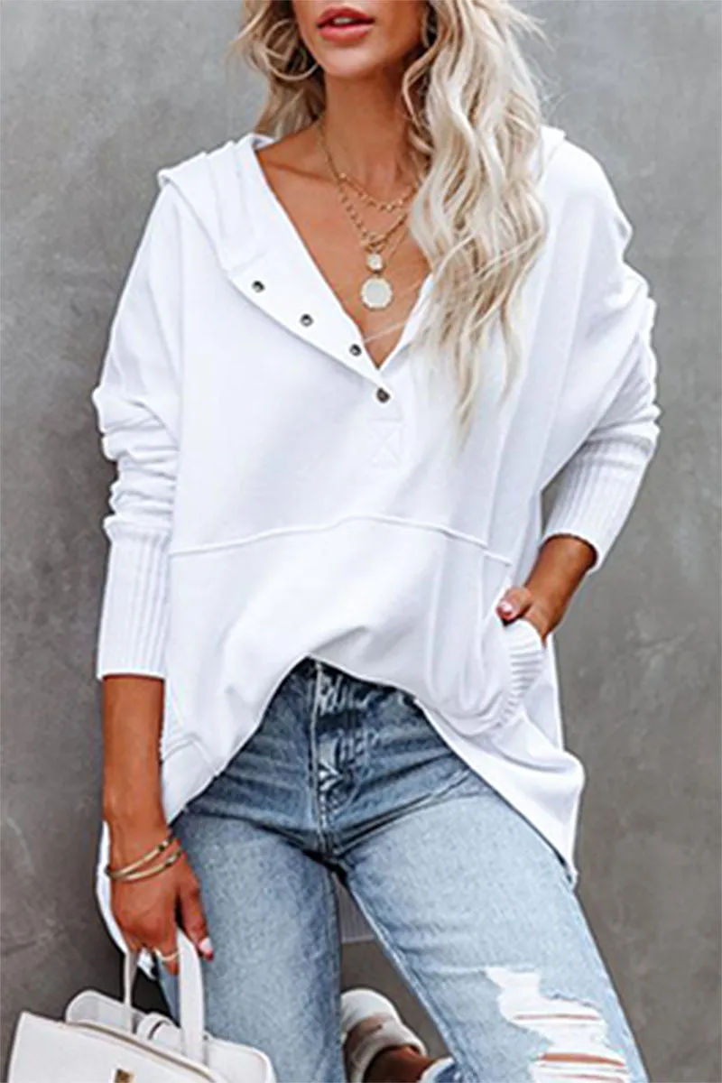 Casual Solid Pocket Buckle Hooded Collar Tops