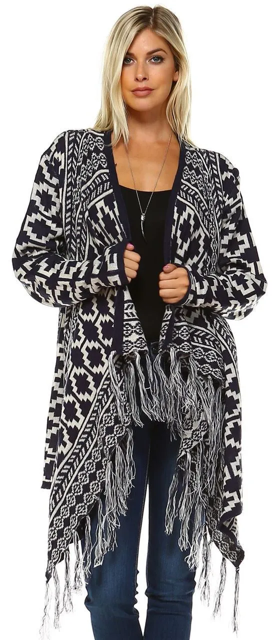 Cowl Aztec Cardigan Tribal Sweater Ponchos Navy White