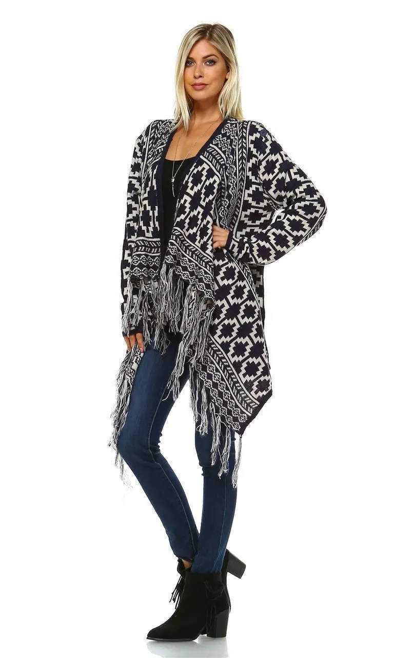 Cowl Aztec Cardigan Tribal Sweater Ponchos Navy White