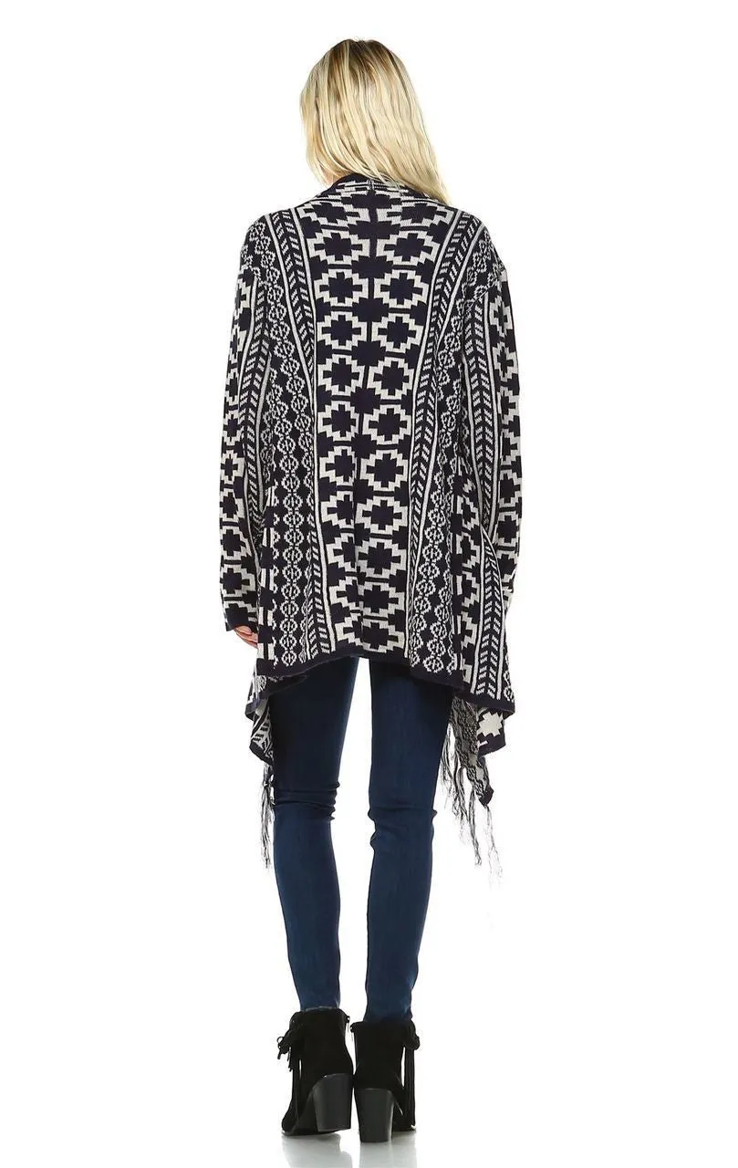 Cowl Aztec Cardigan Tribal Sweater Ponchos Navy White