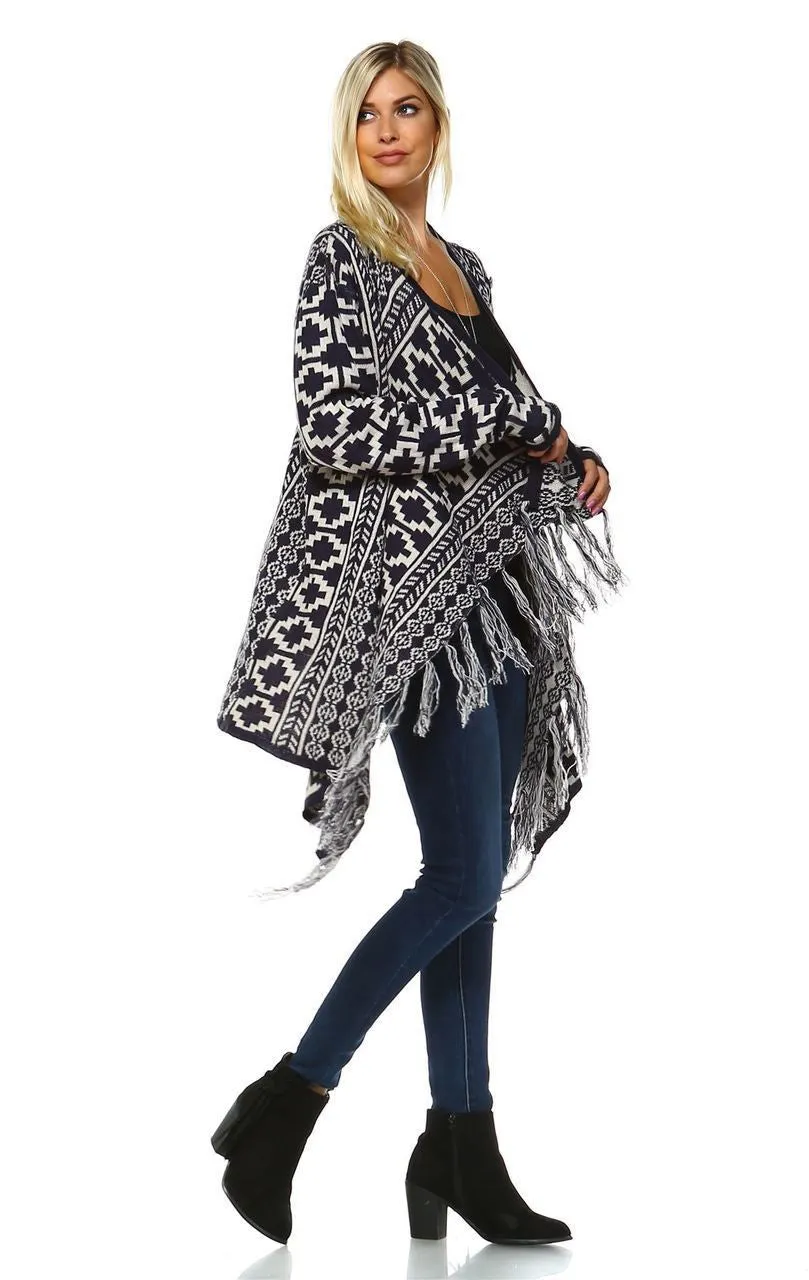 Cowl Aztec Cardigan Tribal Sweater Ponchos Navy White