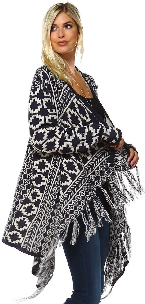 Cowl Aztec Cardigan Tribal Sweater Ponchos Navy White