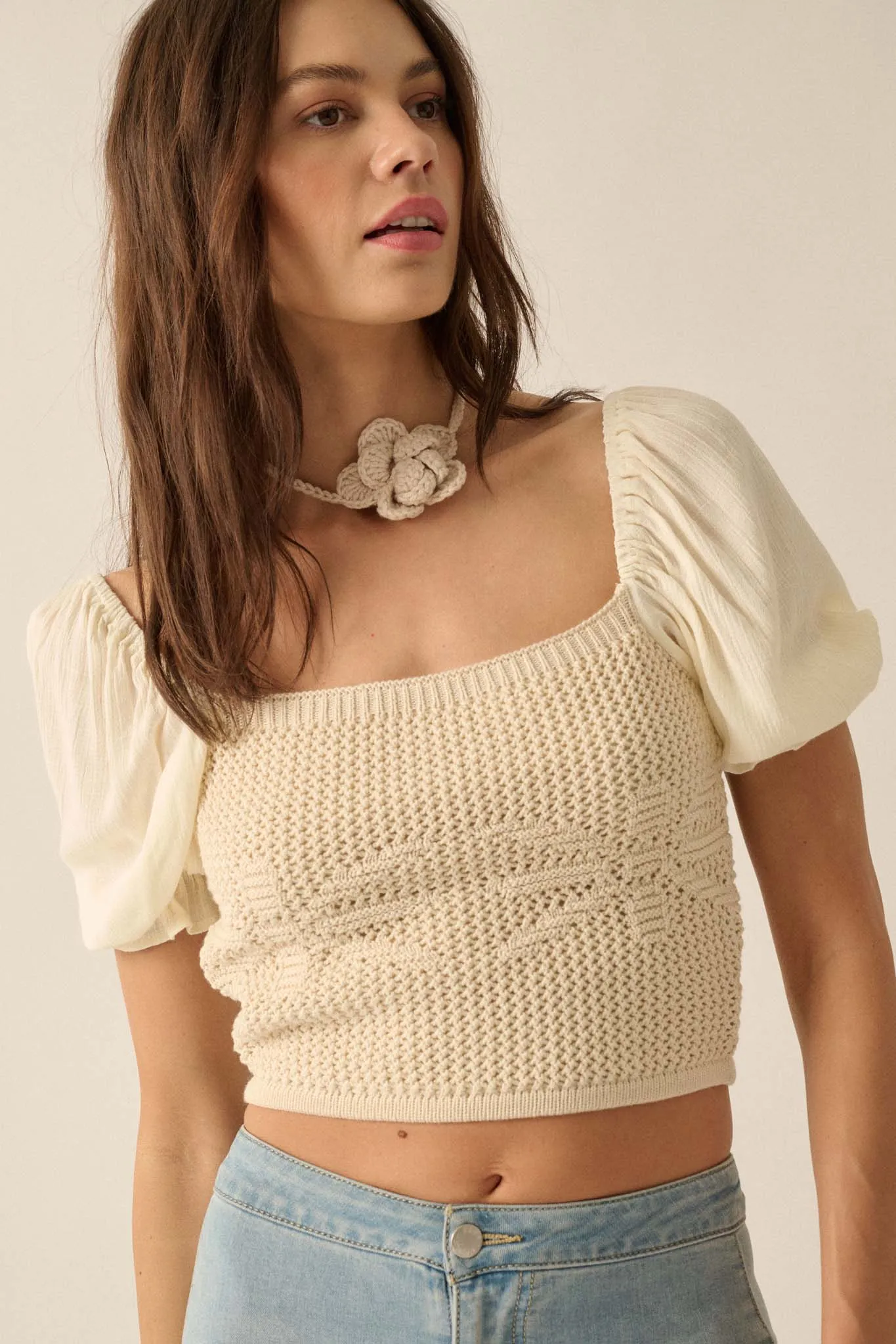 Daisy Daze Floral Crochet Cropped Puff-Sleeve Top