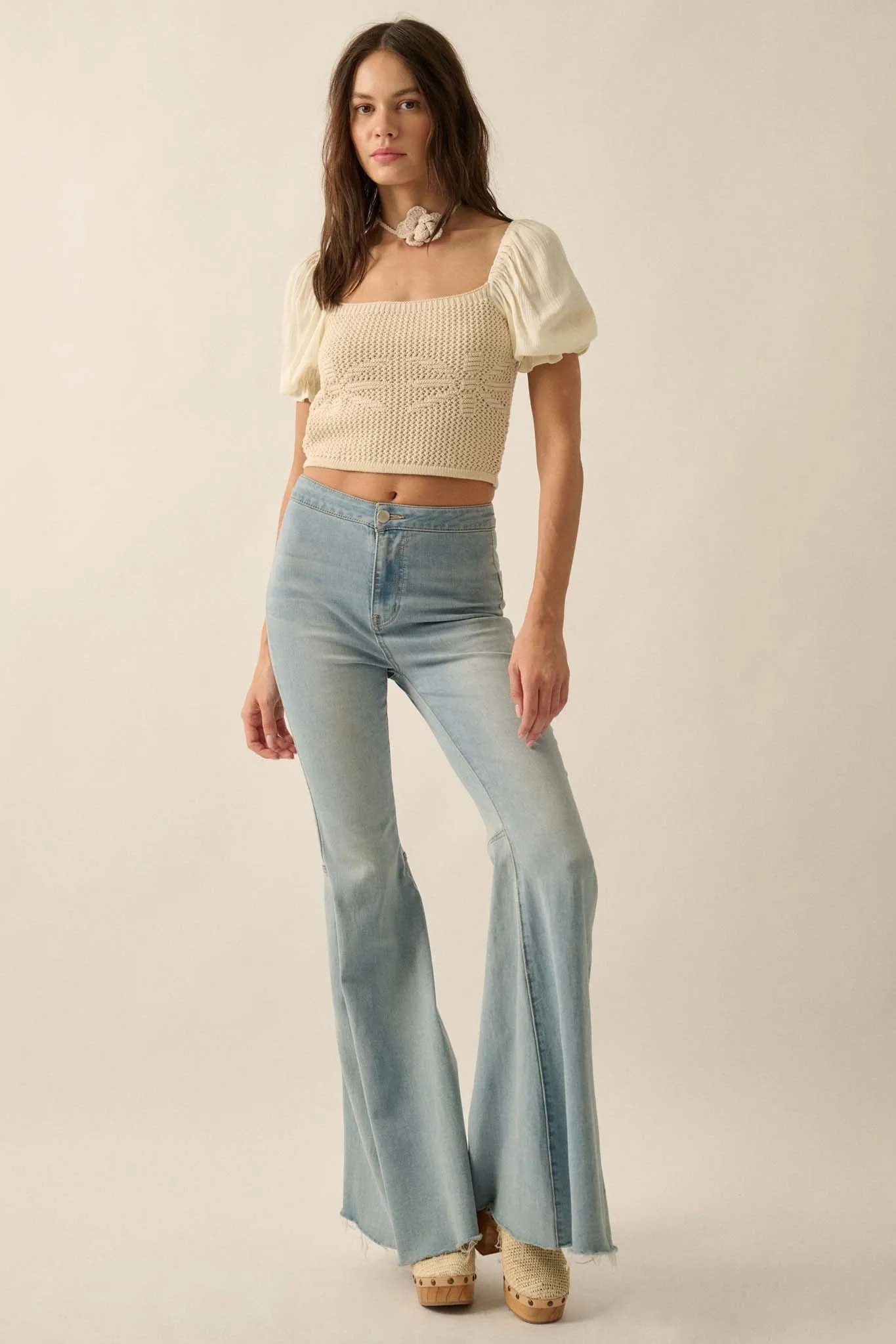 Daisy Daze Floral Crochet Cropped Puff-Sleeve Top