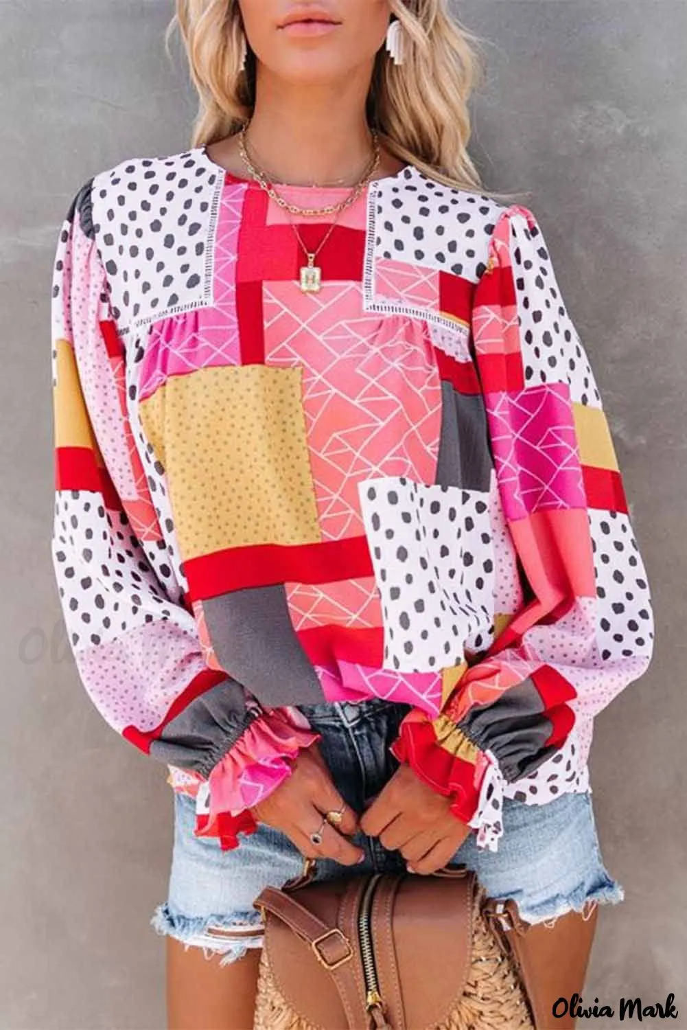 Deanwangkt - Multicolor Polka Dot Geometric Patchwork Long Sleeve Blouse