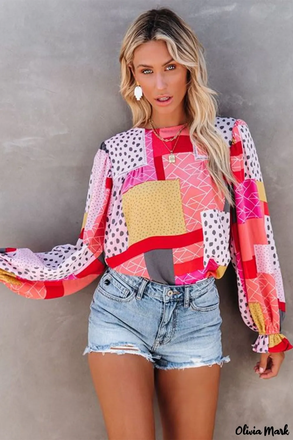 Deanwangkt - Multicolor Polka Dot Geometric Patchwork Long Sleeve Blouse