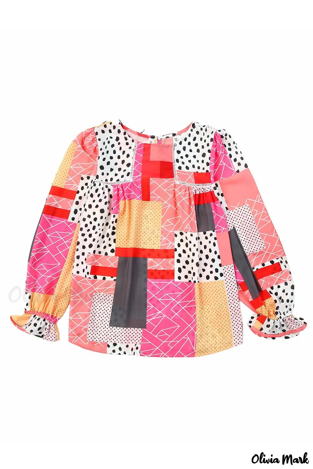 Deanwangkt - Multicolor Polka Dot Geometric Patchwork Long Sleeve Blouse