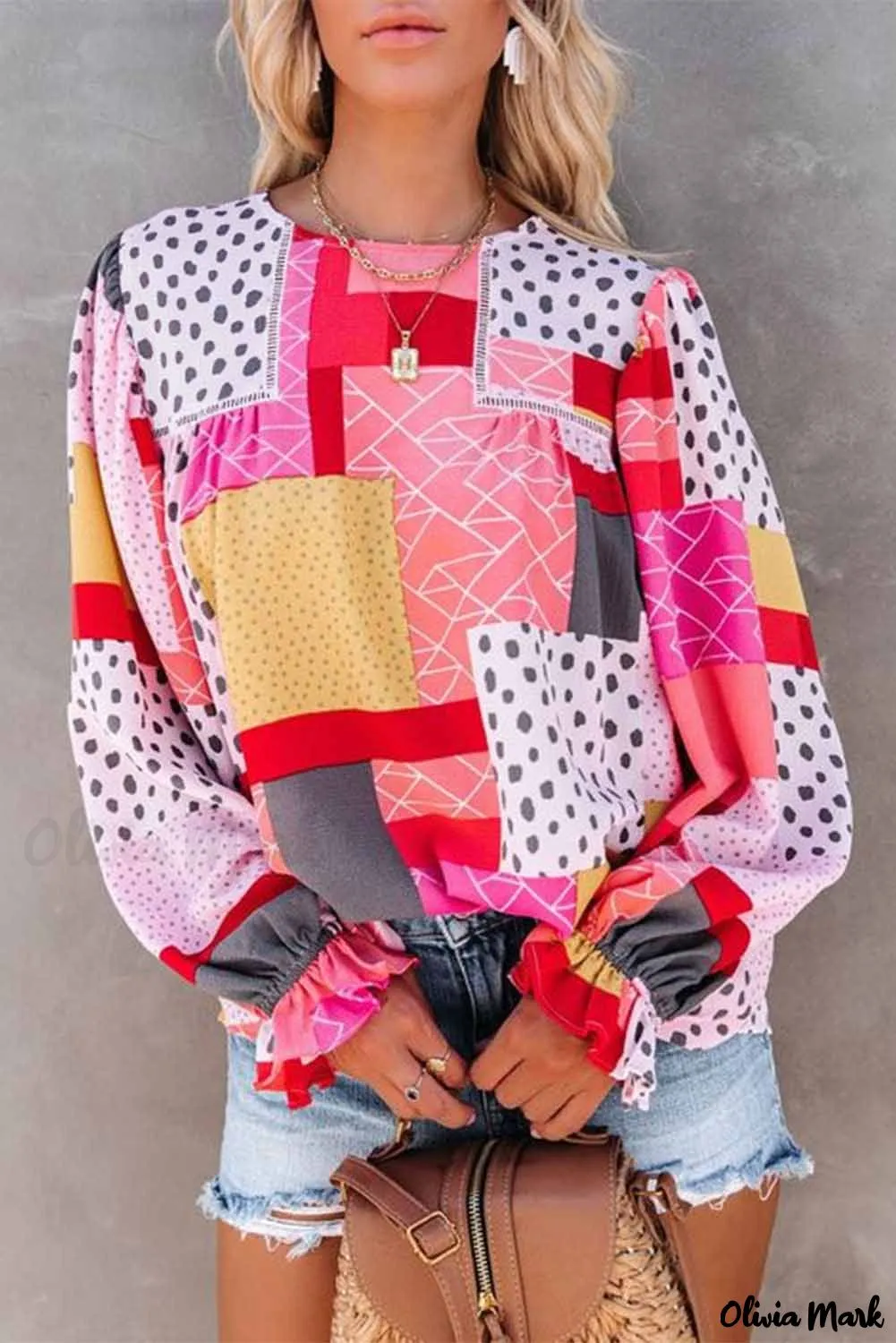 Deanwangkt - Multicolor Polka Dot Geometric Patchwork Long Sleeve Blouse