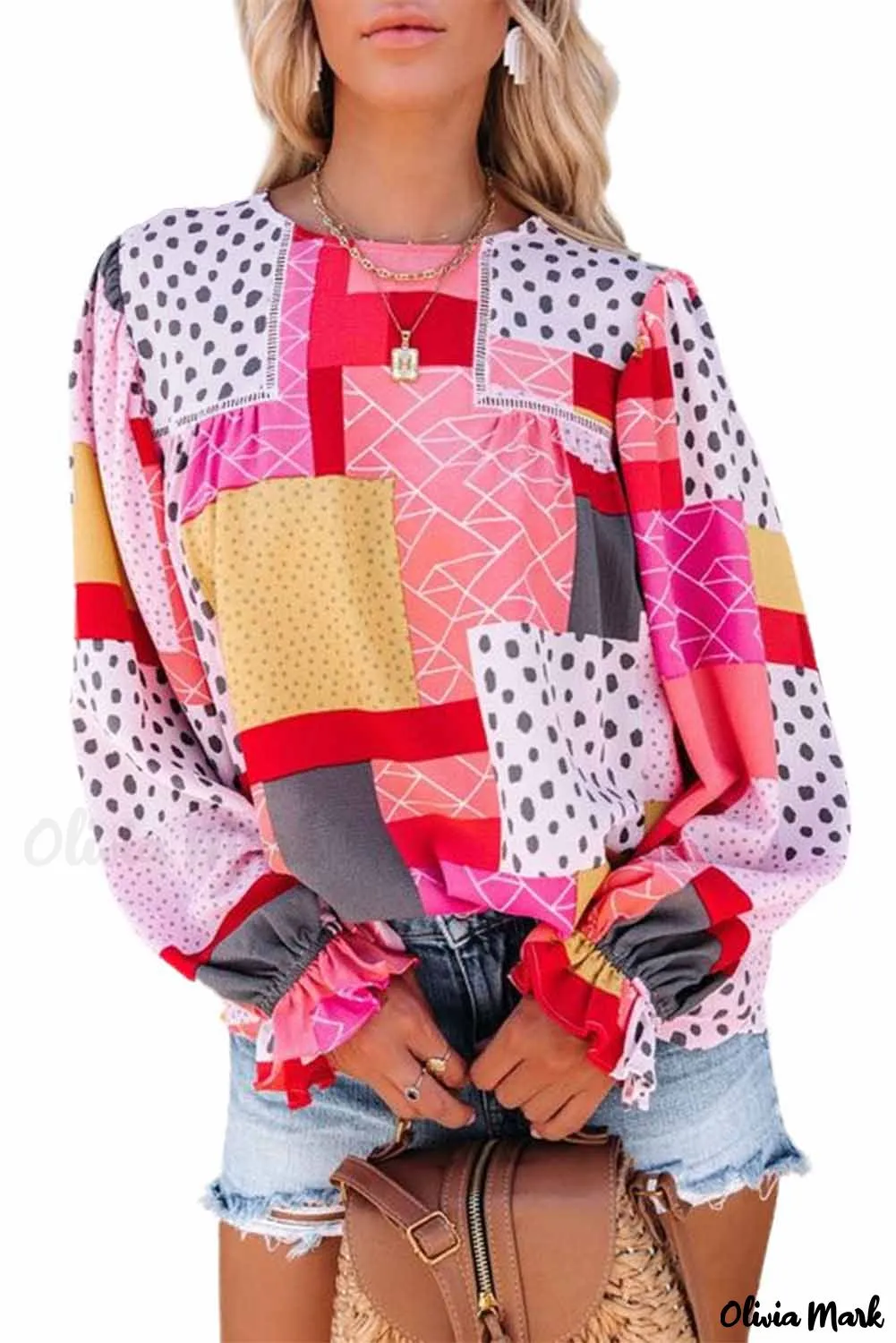 Deanwangkt - Multicolor Polka Dot Geometric Patchwork Long Sleeve Blouse