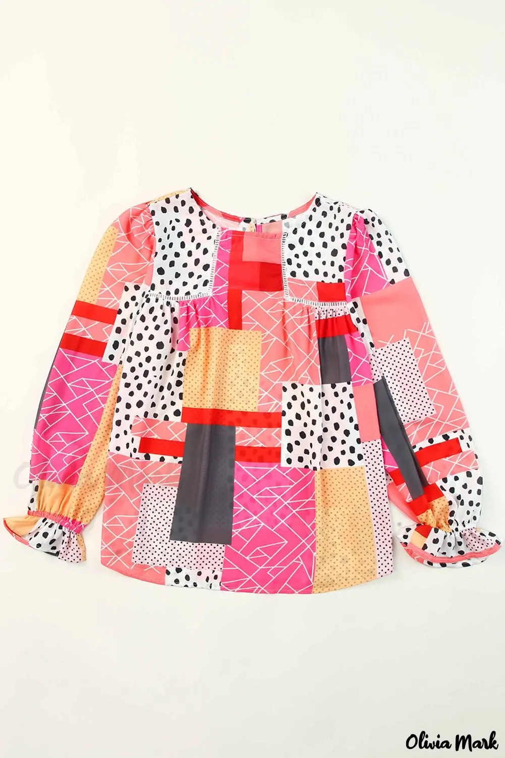 Deanwangkt - Multicolor Polka Dot Geometric Patchwork Long Sleeve Blouse