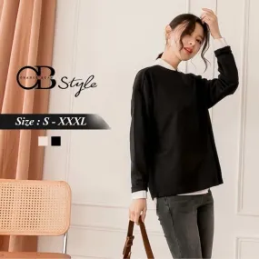 DROP SHOULDER PURE COLOR LONG SLEEVE ROUND NECK TOPS