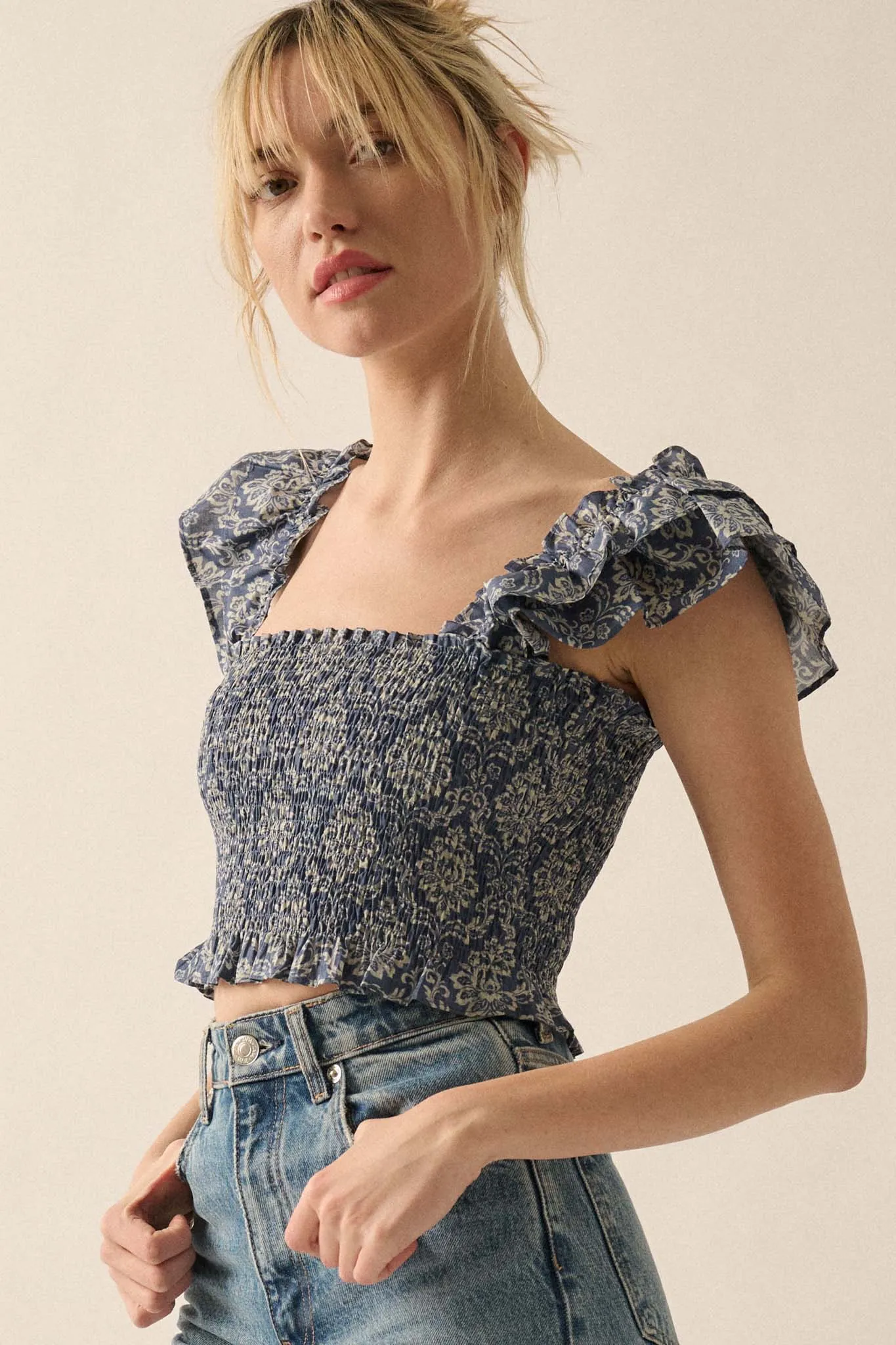 Extravagant Blooms Smocked Floral Ruffle Crop Top