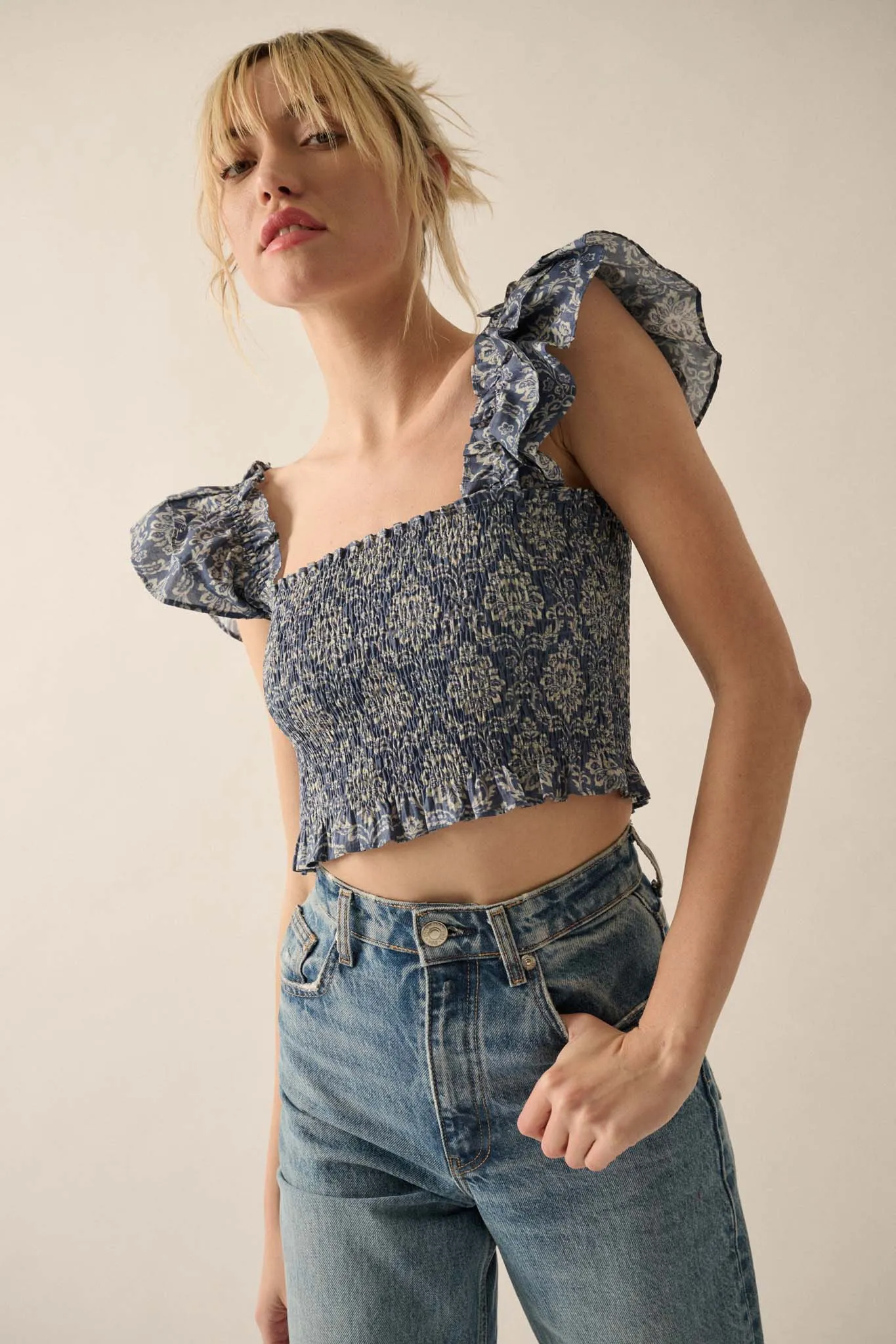 Extravagant Blooms Smocked Floral Ruffle Crop Top