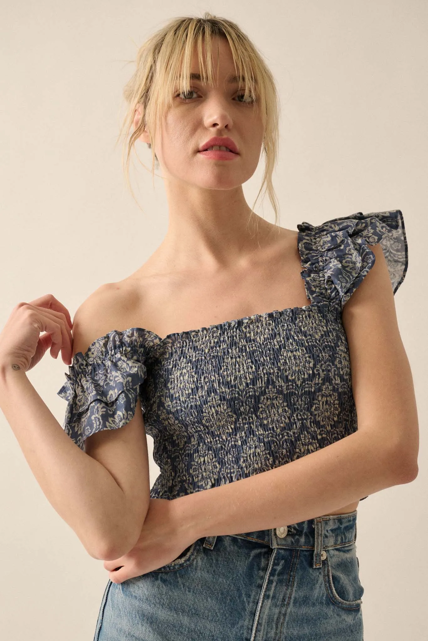 Extravagant Blooms Smocked Floral Ruffle Crop Top