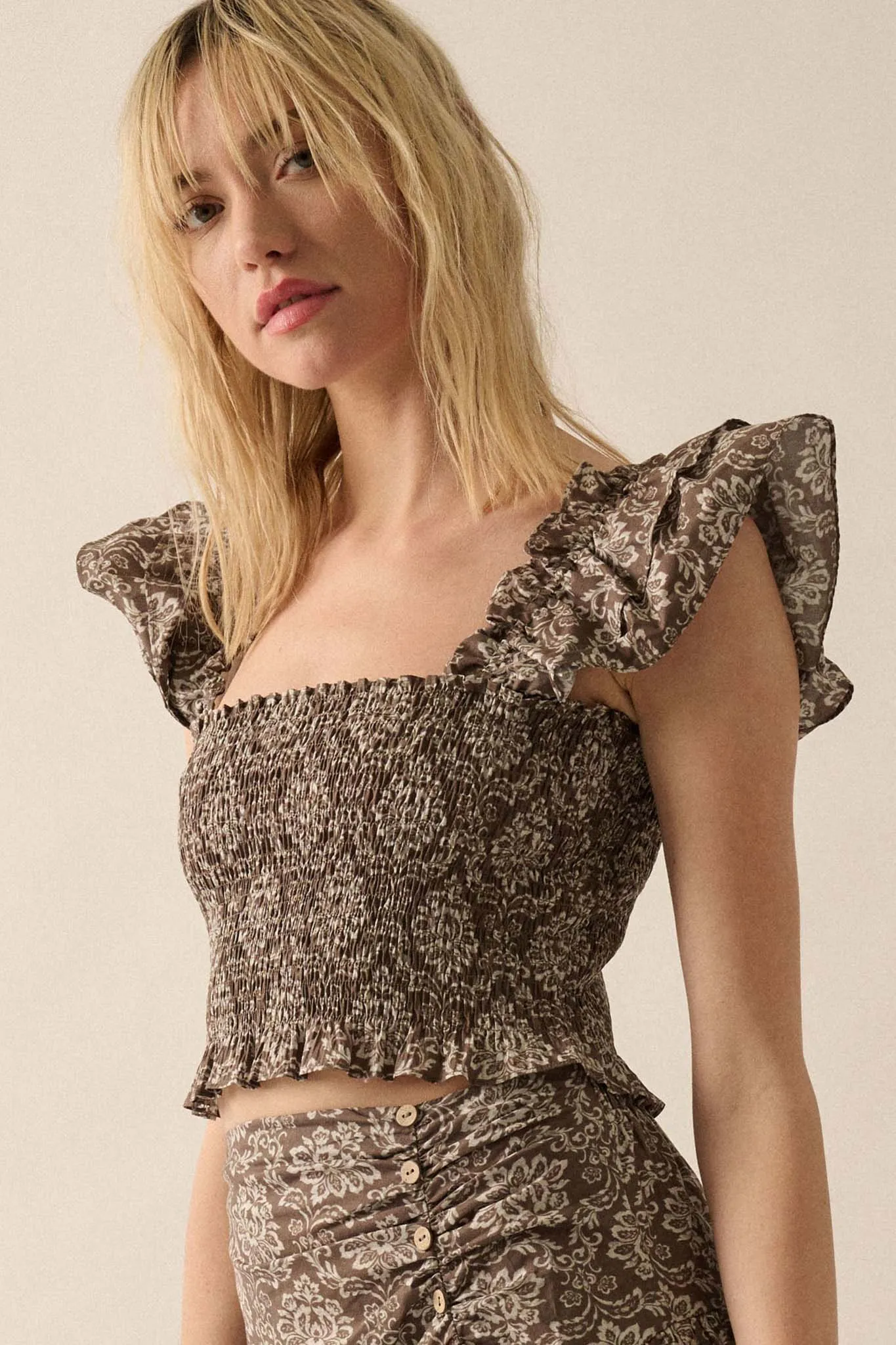 Extravagant Blooms Smocked Floral Ruffle Crop Top