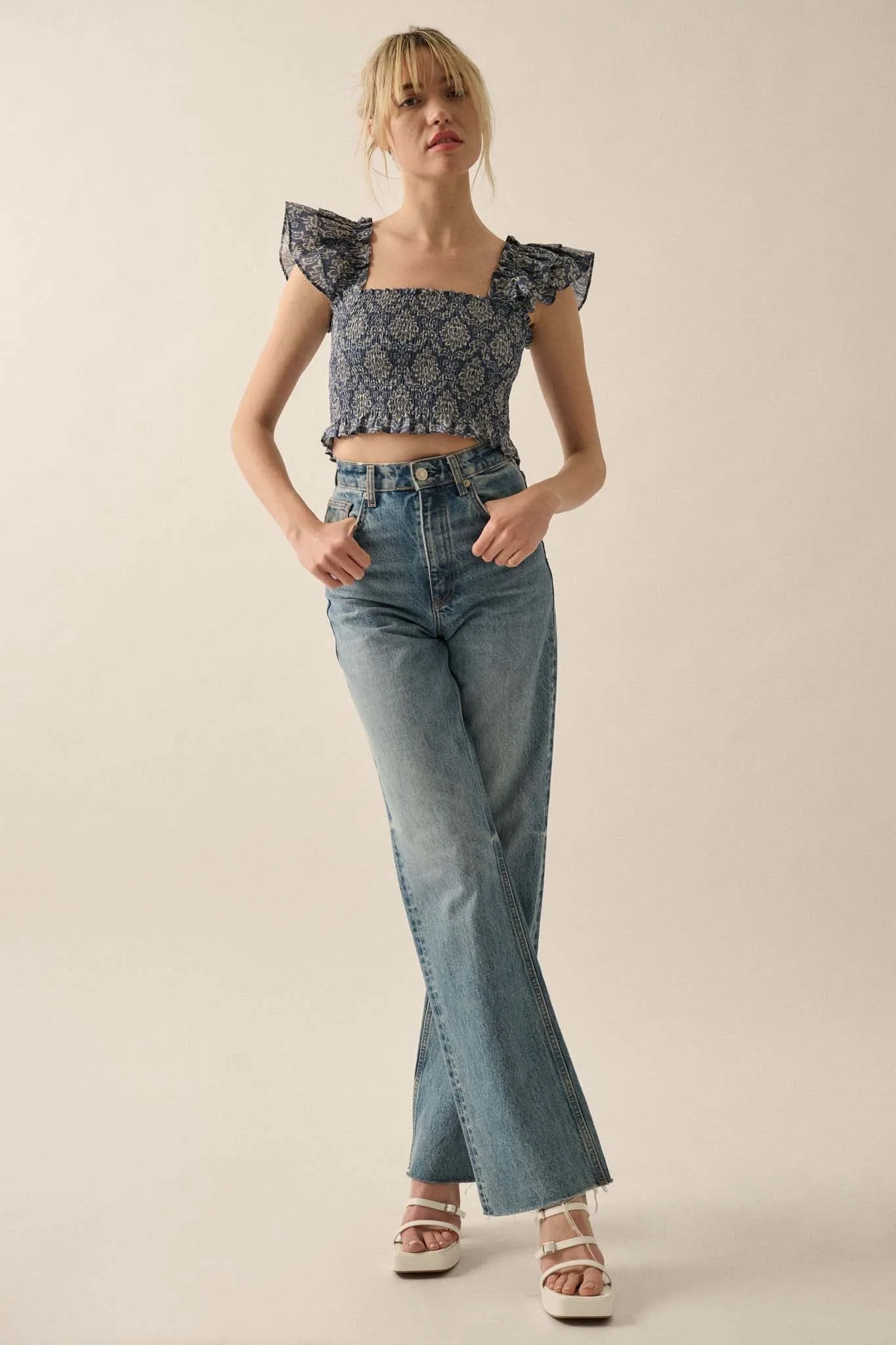 Extravagant Blooms Smocked Floral Ruffle Crop Top