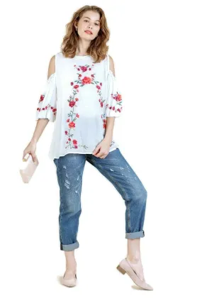 Floral Embroidered Peasant Top, Off White