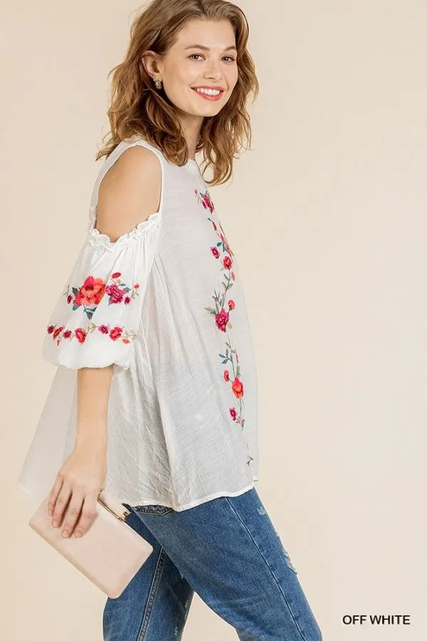 Floral Embroidered Peasant Top, Off White