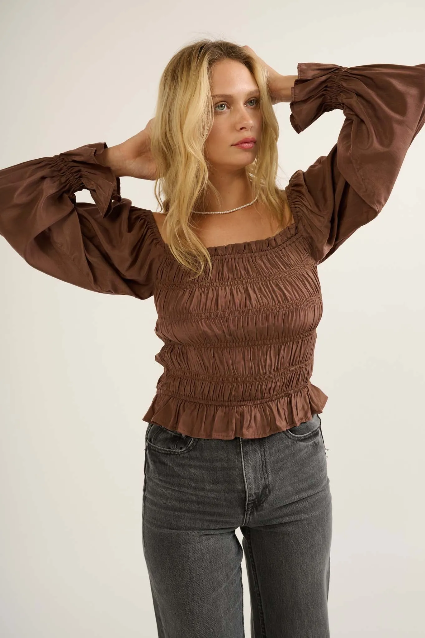 Gather Together Smocked Matte Satin Peasant Top