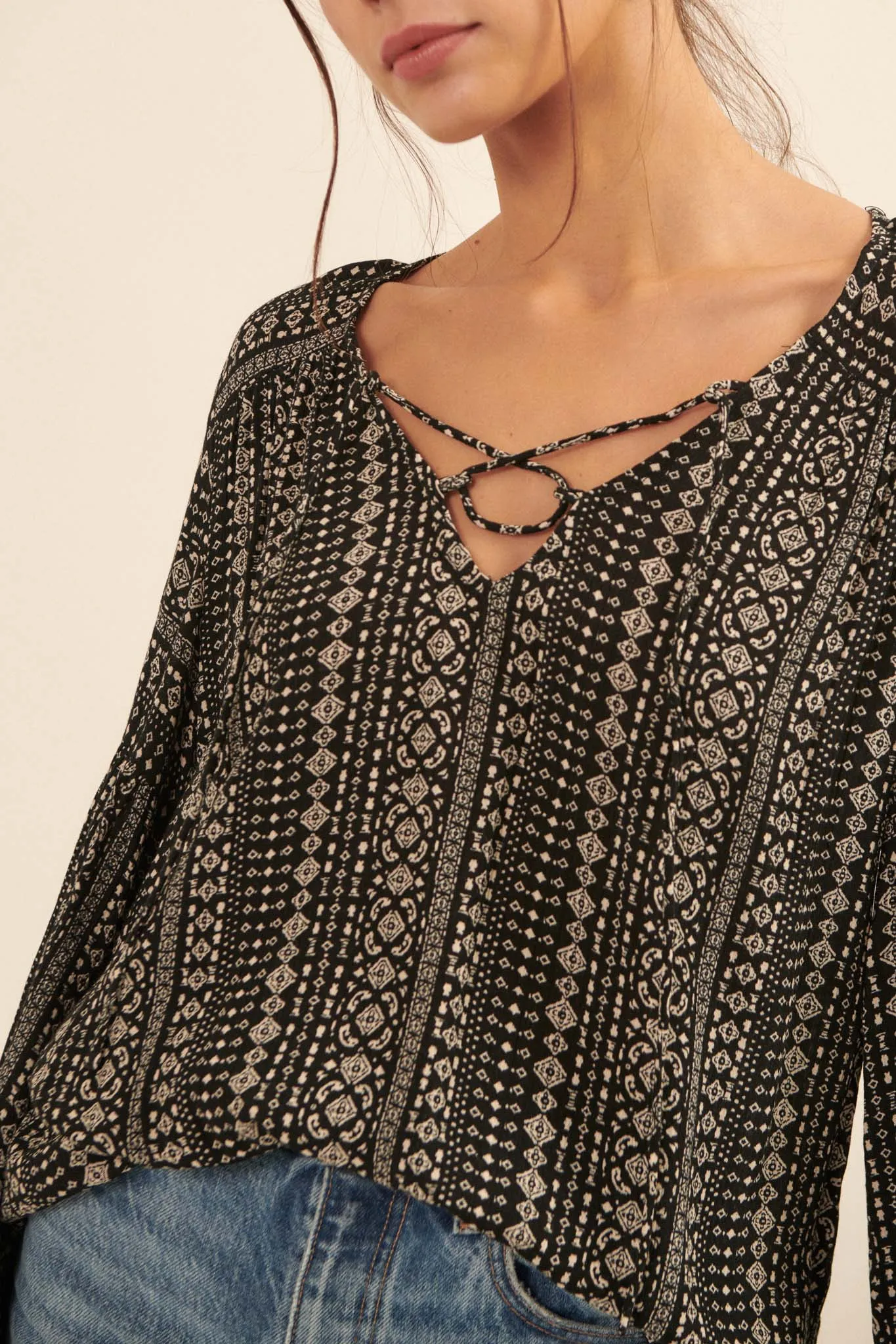 Going Global Geo-Print Lace-Up Peasant Top