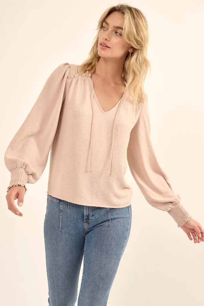 Grateful Spirit Solid Tie-Neck Peasant Top