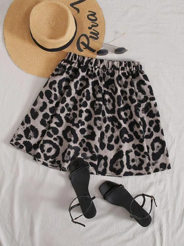 Leopard Print Flared Short Skirt