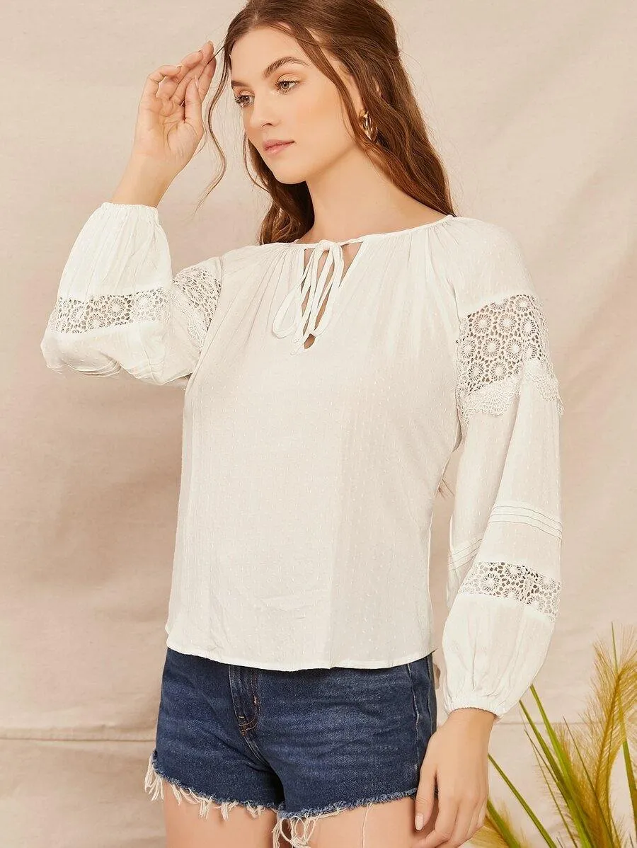 Long Sleeve Lace Trim Tied Peasant Blouse