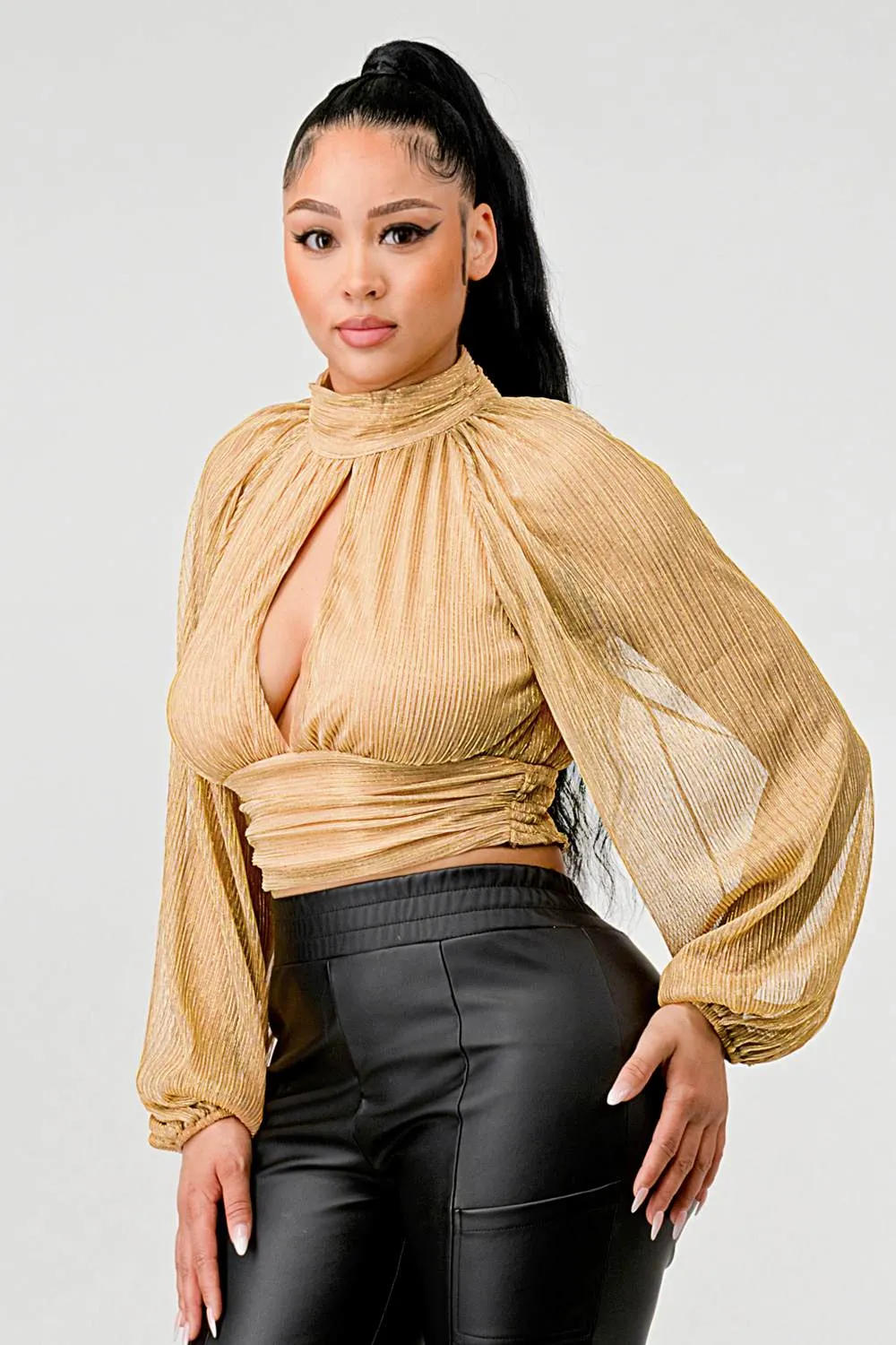 LUREX METALLIC MOCK NECK PEASANT SLEEVES BLOUSE TOP