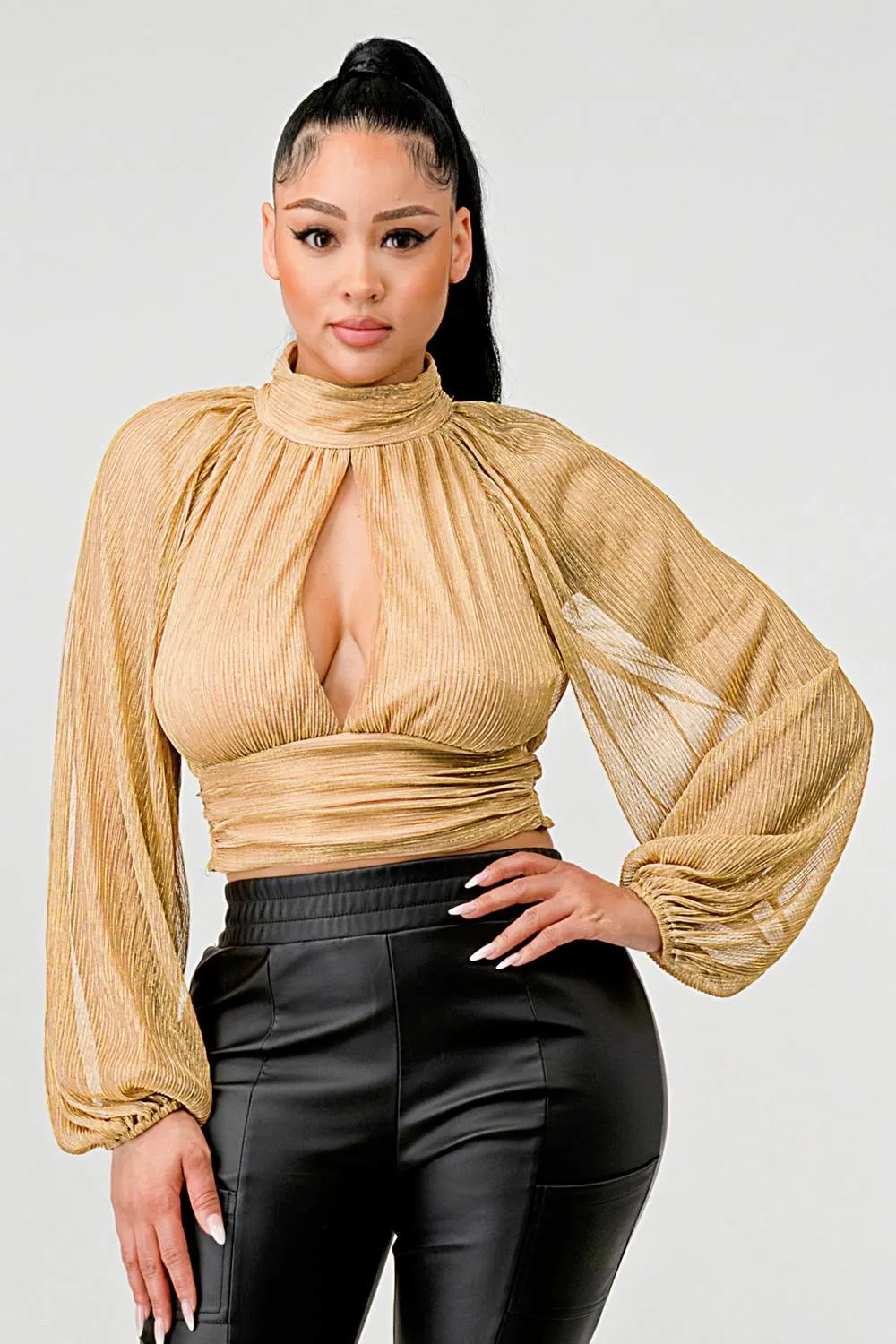 LUREX METALLIC MOCK NECK PEASANT SLEEVES BLOUSE TOP