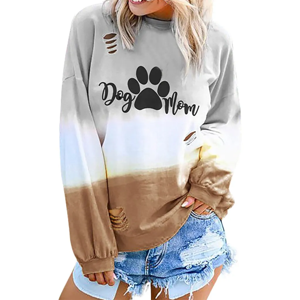 Oversized Hoodie Gradient Tie-dye Dog Mom Letter Pullover Sweatshirt Women Autumn Warm Long Slevee