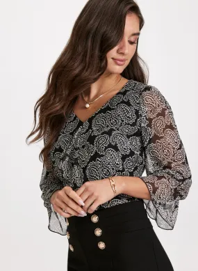 Paisley Print Mesh Sleeve Top