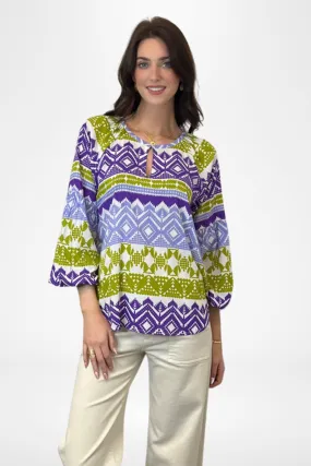 Peasant Blouse Geometric Purple & Lime By Pixi Carnival